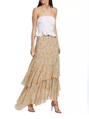 Veronica Beard Yellow Paisley High-Low Tiered Maxi Skirt